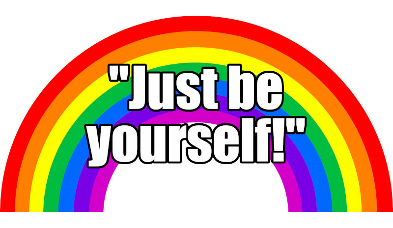 Cartoon illustration of a rainbow with the text JUST BE YOURSELF on top of it.