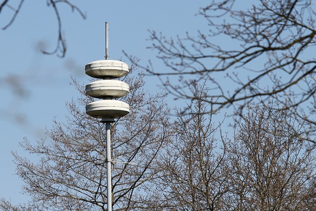 A photo of a national alarm siren, with a tree without leaves in the background.
