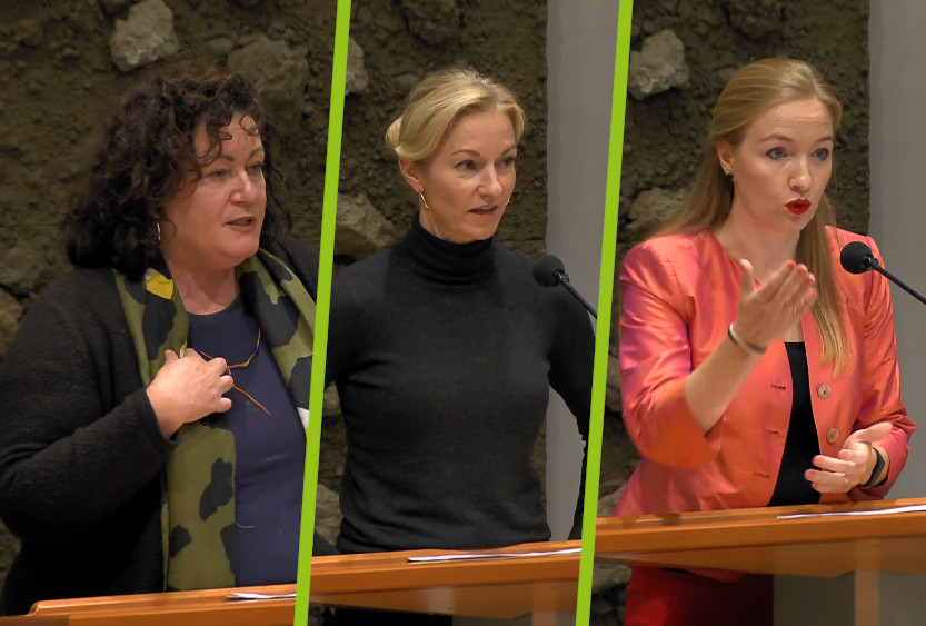 Drie foto's naast elkaar. Ze tonen Caroline van der Plas, Lilian Helder en Nicki Pouw-Verweij sprekend in de Tweede Kamer.
