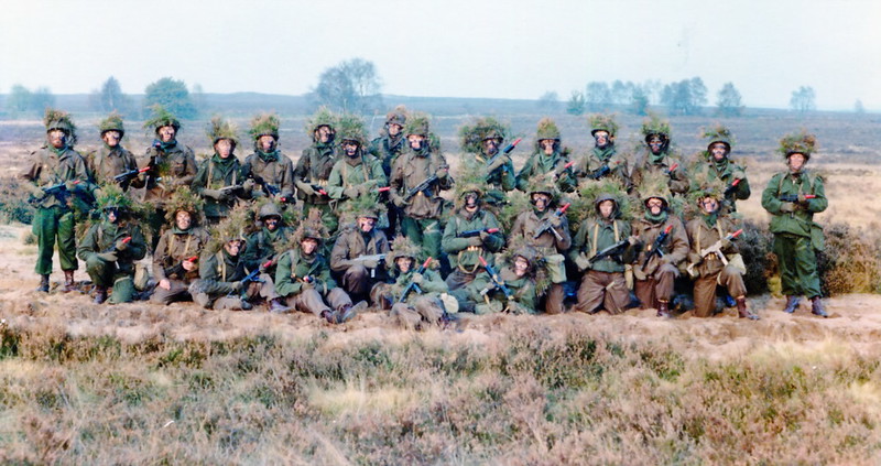 A large group of about 30 soldiers, all dressed in green camouflage gear and holding guns, posing in a grassy field