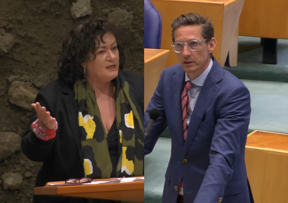 Two photos. Left is Caroline van der Plas. She's standing at the speaker stand in the parliamentary building and speaking. She's holding up her right arm. Around her wrist is a red farmer handkerchief. Right is Joost Eerdmans. He's standing at the interruption microphone and speaking. He's resting his arms and his fists on the stand.