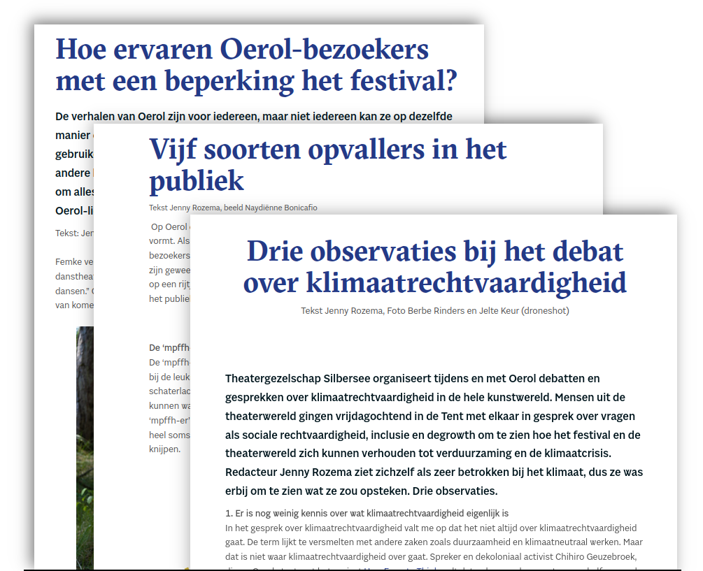 Screenshots van drie artikelen op elkaar gestapeld. De artikelen hebben de titels 'Hoe ervaren Oerol-bezoekers met een beperking het festival?', 'Vijf soorten opvallers in het publiek' en 'Drie observaties bij het debat over klimaatrechtvaardigheid'